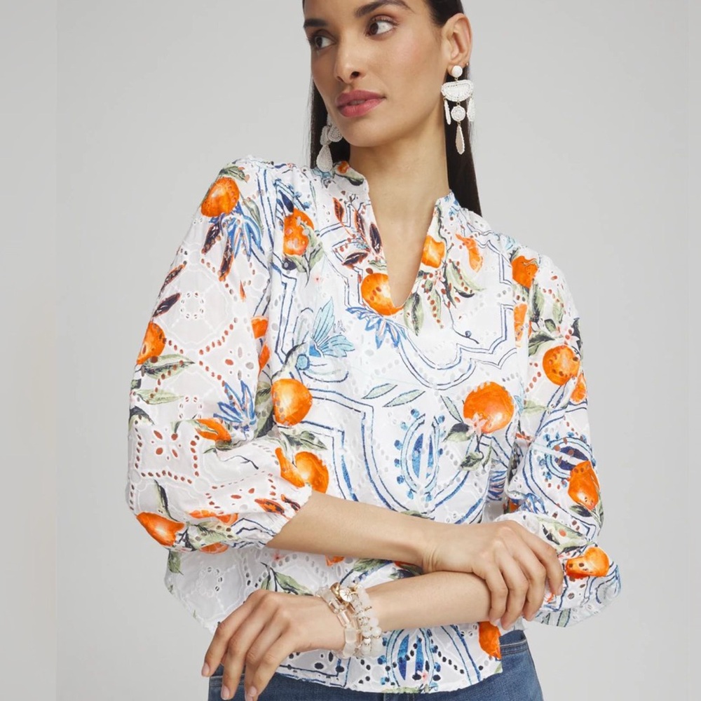 Chicos Tropical Eyelet Sleeve Shirt Sz M